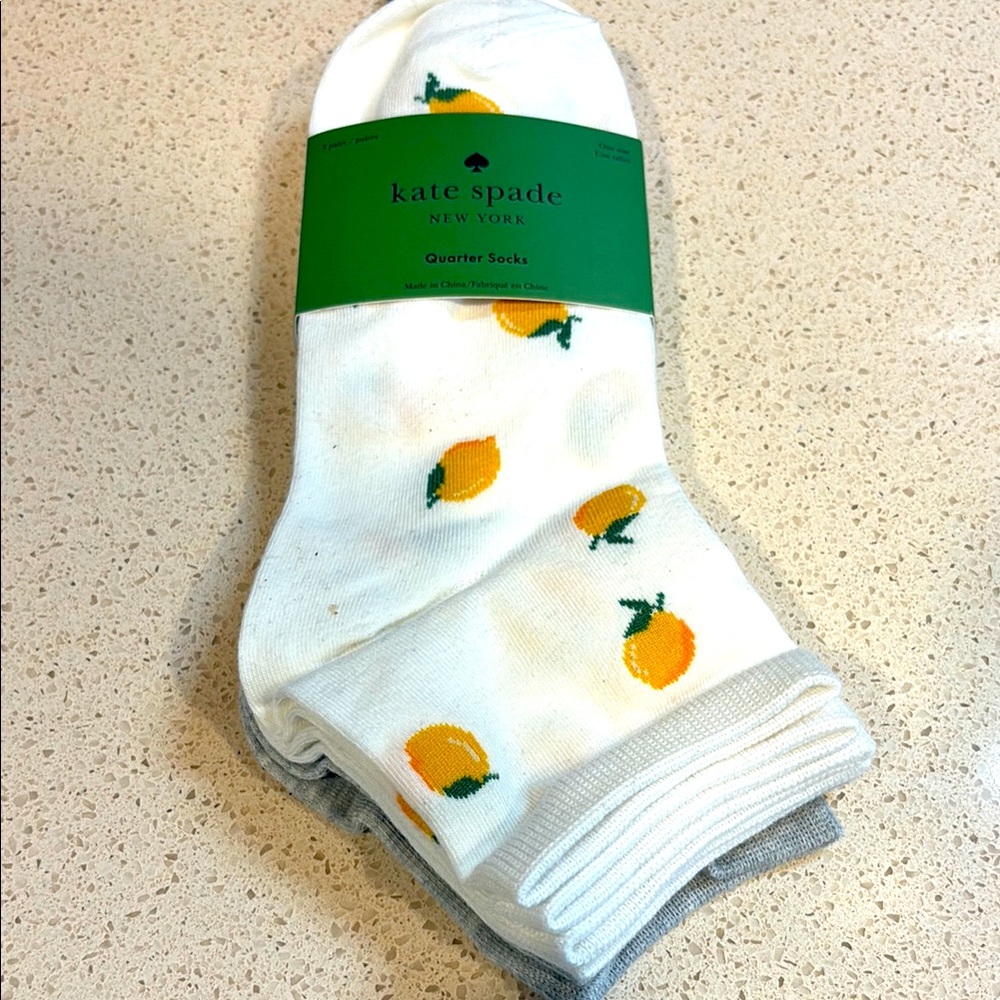 kate spade NWT 3Pack  Quarter Socks with Yellow Lemon Motif